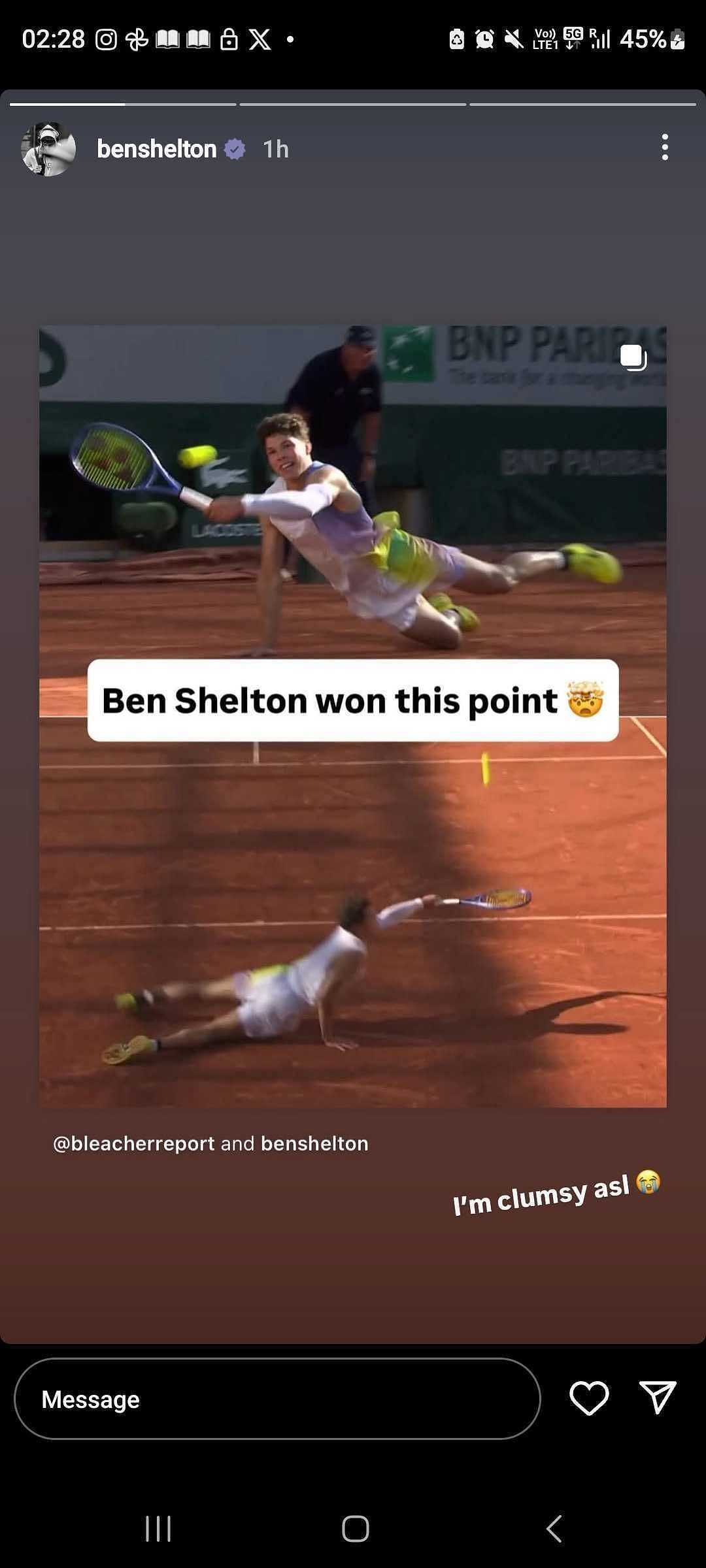 Ben Shelton's Instagram post featuring the American making fun of himself over an unconventional effort to win a point at the 2025 French Open (Source: Instagram/benshelton)